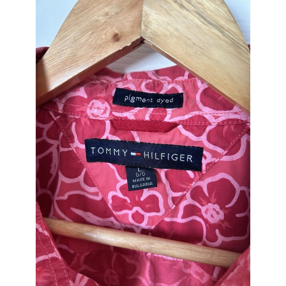 Floral Batik Red Pink Tommy Hilfiger Short Sleeve Button-Up Shirt Mens L - Picture 3 of 10